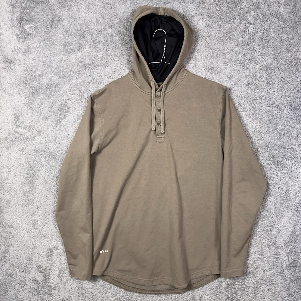 BYLT Hooded Henley Shirt Mens M Drop Cut LUX Long Sleeve Pullover Hoodie